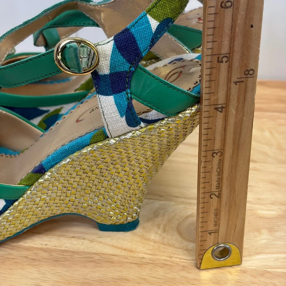Poetic Licence Mod T Strap Wedge Sandals Womens Size 8/39 Whimsical Geometric